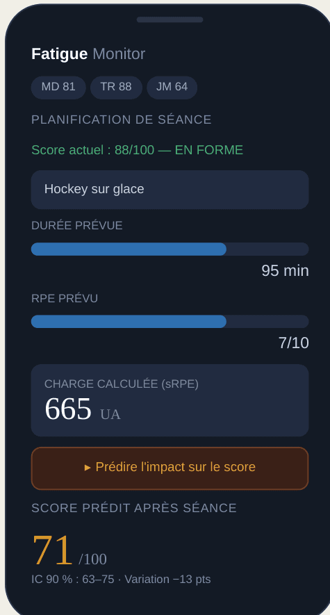 Simulation de séance et score de forme prédit dans Nexus OS